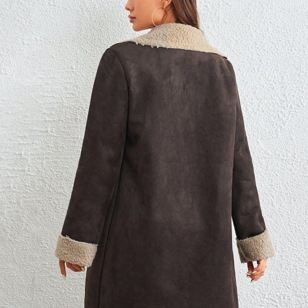 Brown Preppy Womens Lapel Collar Teddy Lined Suedette Coat - Picture 3 of 5
